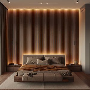 نورپردازی در کنار ترمووال یا دیوارپوش چوبی اتاق خواب